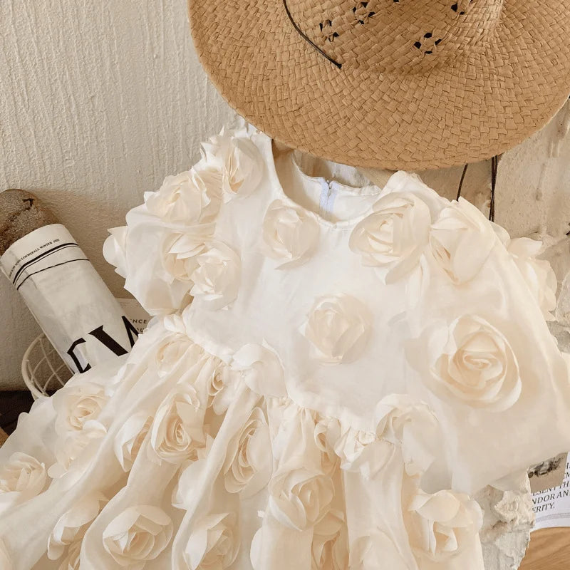 Fashion Baby Girl Princess 3D Flower Dress Infant Toddler Child Bow Vestido Short Sleeve Party Birthday Frock Baby Clothes 1-10Y