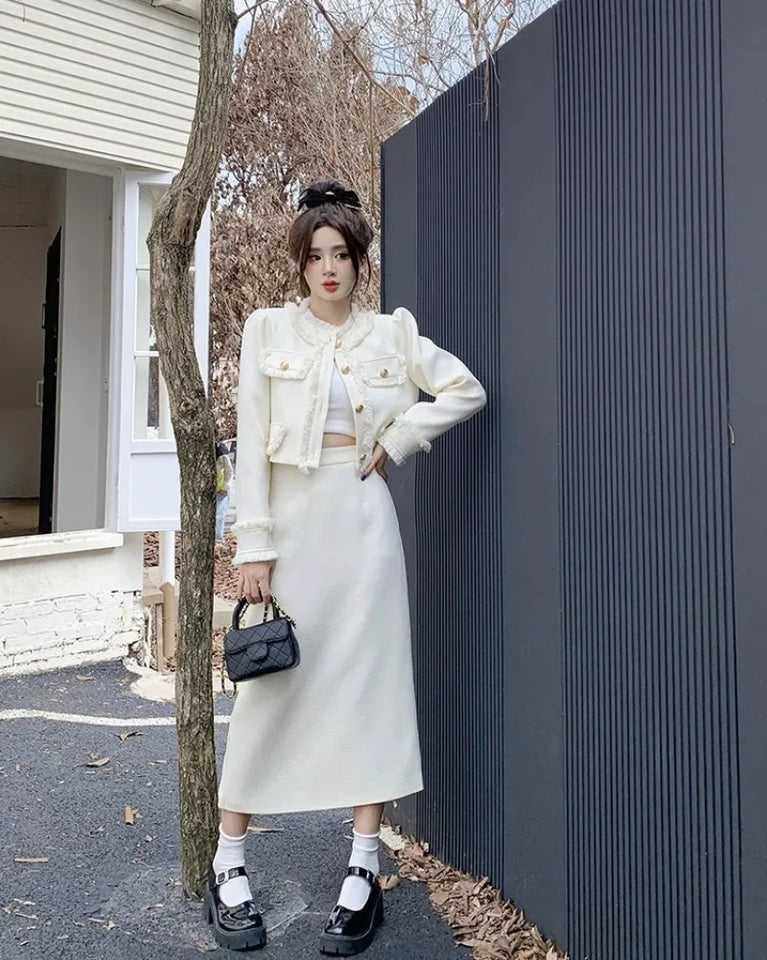 Fashion Two Piece Sets Womens Outfits Plaid Tweed Blazer Female Long Sleeve Jacket and Skirt Set