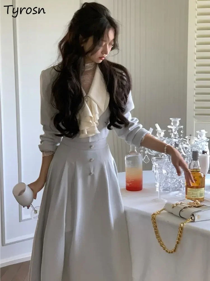 Skirt Jacket Sets Women Elegant Sweet Simple Fashion Tender Ruffles Autumn Design Korean Style Empire Cozy Leisure Temperament