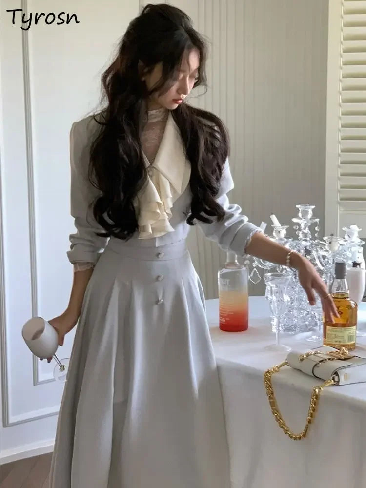 Skirt Jacket Sets Women Elegant Sweet Simple Fashion Tender Ruffles Autumn Design Korean Style Empire Cozy Leisure Temperament
