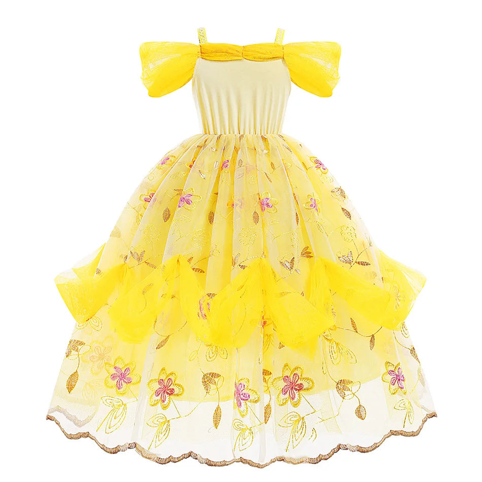 Disney Belle Princess Dress for Girl Kids Floral Ball Gown Child Cosplay Bella Beauty and The Beast Costume Halloween Party - www.sixcolors.us