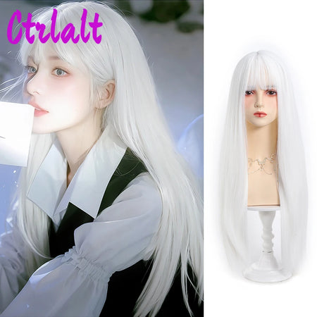 White Synthetic Long Straight Hair Women Wig Fluffy Lolita Cosplay Heat Resistant Wig with Bangs for Daily or Halloween - www.sixcolors.us