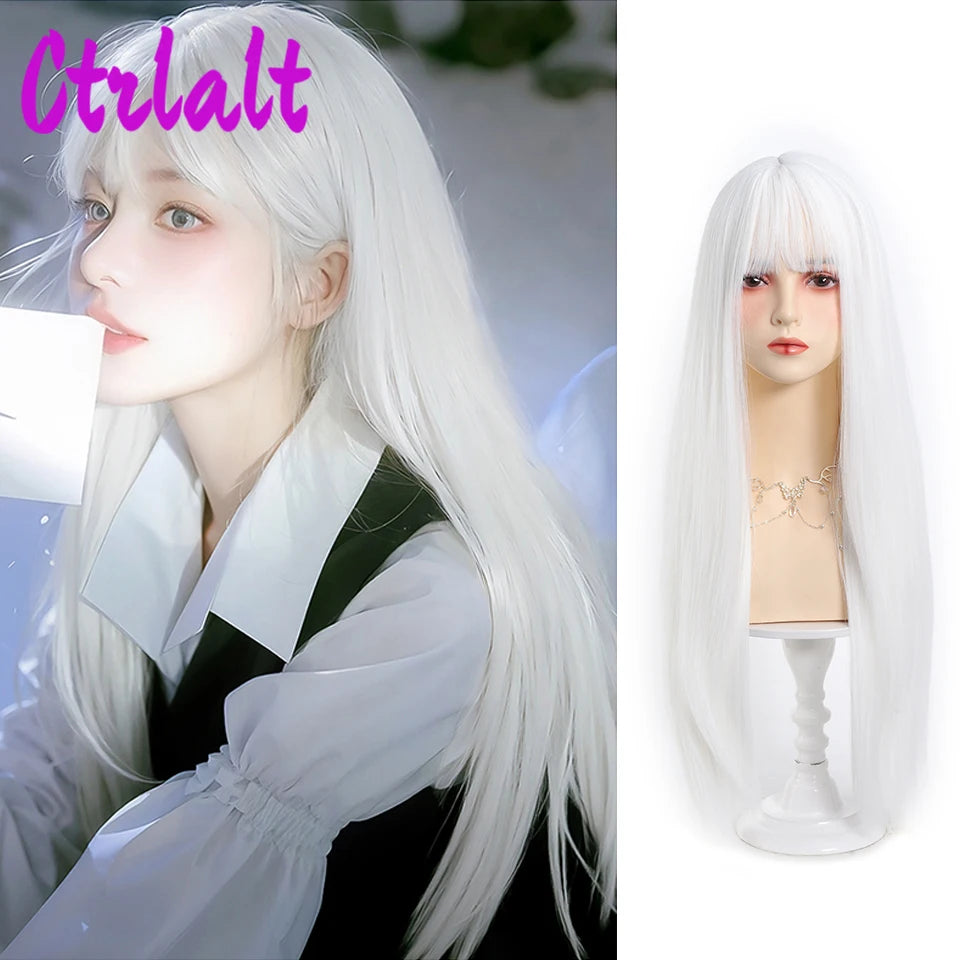 White Synthetic Long Straight Hair Women Wig Fluffy Lolita Cosplay Heat Resistant Wig with Bangs for Daily or Halloween - www.sixcolors.us