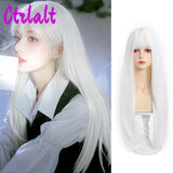 White Synthetic Long Straight Hair Women Wig Fluffy Lolita Cosplay Heat Resistant Wig with Bangs for Daily or Halloween - www.sixcolors.us