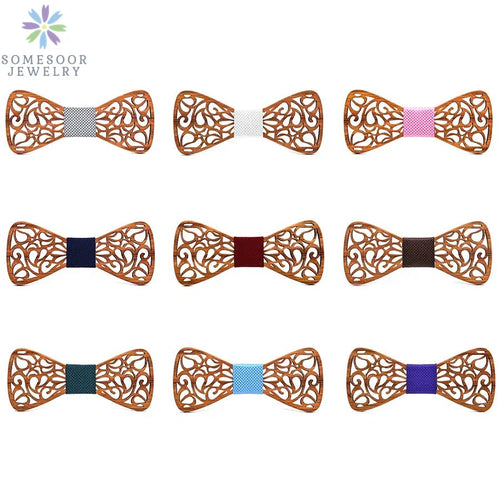 SOMESOOR Classic Floral Wood Bow Ties Engraved Hollow Butterflies Natural Wooden Bowknots Wedding Suit Accessories For Men Gifts