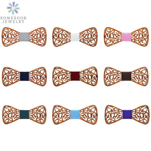 SOMESOOR Classic Floral Wood Bow Ties Engraved Hollow Butterflies Natural Wooden Bowknots Wedding Suit Accessories For Men Gifts