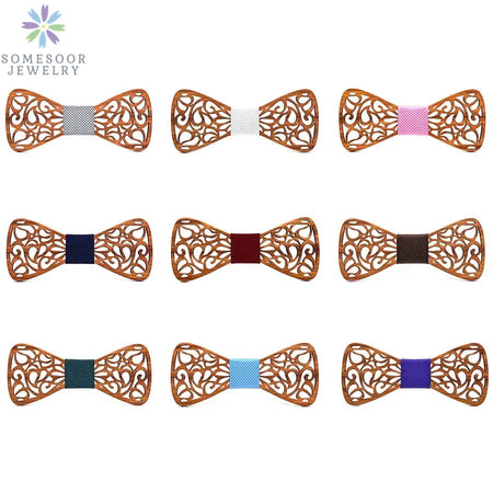 SOMESOOR Classic Floral Wood Bow Ties Engraved Hollow Butterflies Natural Wooden Bowknots Wedding Suit Accessories For Men Gifts