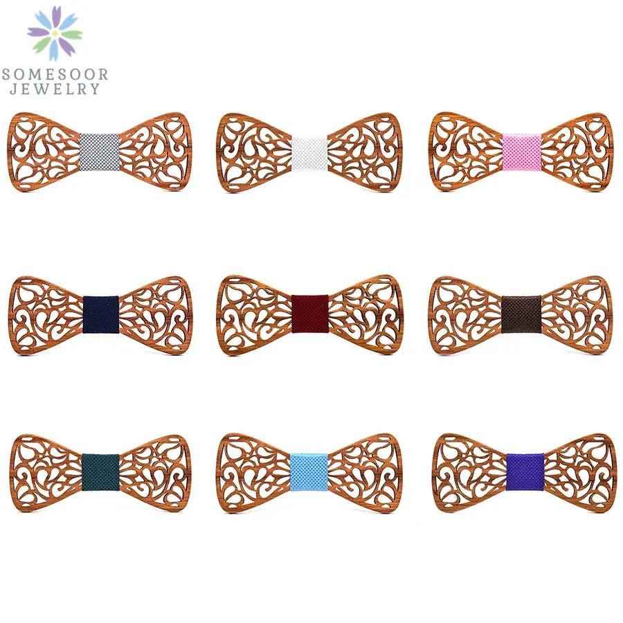 SOMESOOR Classic Floral Wood Bow Ties Engraved Hollow Butterflies Natural Wooden Bowknots Wedding Suit Accessories For Men Gifts