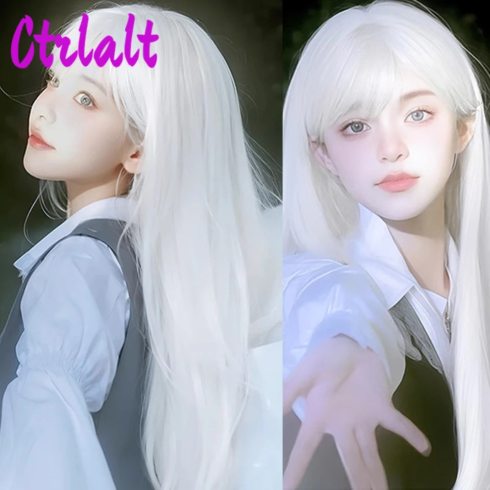 White Synthetic Long Straight Hair Women Wig Fluffy Lolita Cosplay Heat Resistant Wig with Bangs for Daily or Halloween - www.sixcolors.us