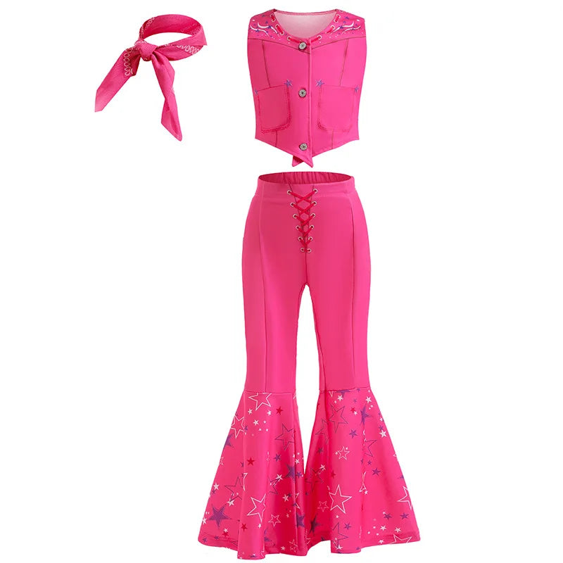 Movie Barbi Halloween Girls Cosplay Costume Party Bow Sleeveless Vintage Pink Plaid Dress Rose Street Punk Clothing Set 2-10Y - www.sixcolors.us
