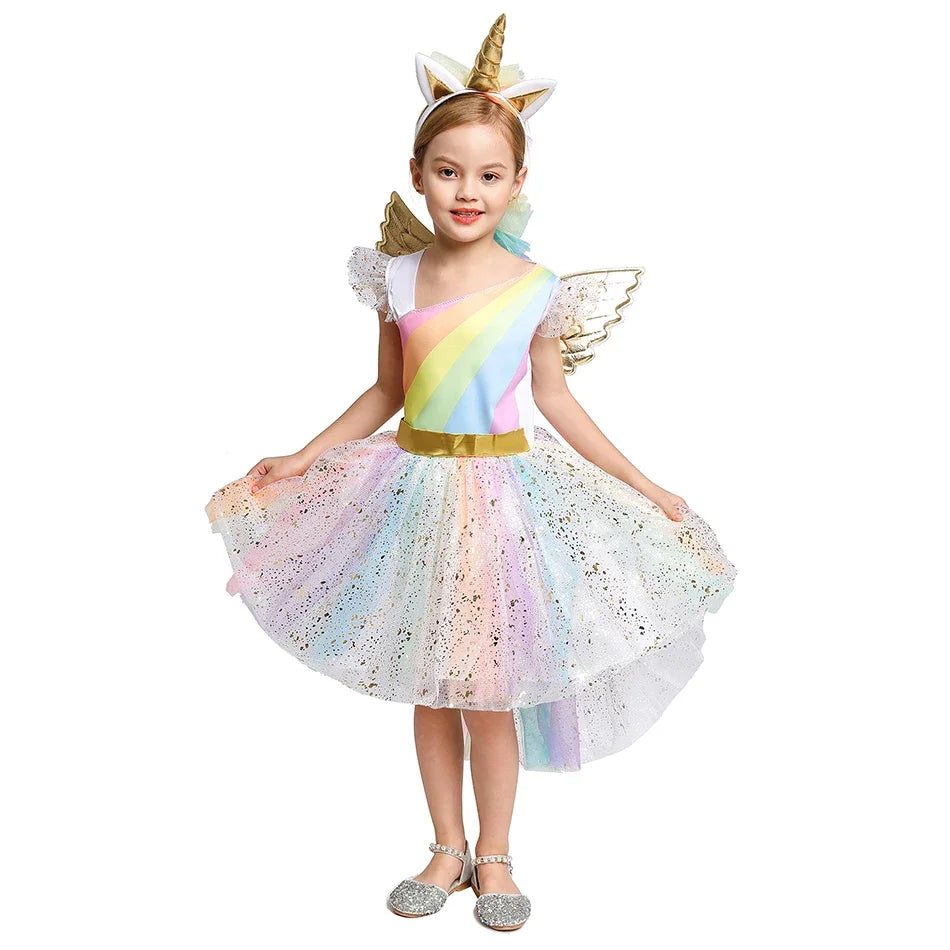 Unicorn Costume for Girls Birthday Gifts Kids Rainbow Tutu Dress Halloween Party Decoration Christmas Outfit with Headband Wing - www.sixcolors.us