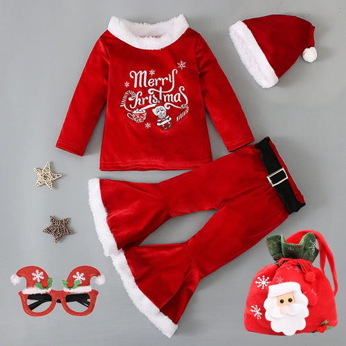 Christmas Costume For Kids Girls Santa Claus Toddler Baby Red Xmas Clothes Set Party Merry Christmas Text Embroidery Red Outfits