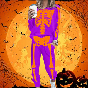 Women Tops Long Pants Suit Fashion Halloween Skeleton Print Long Sleeve T-Shirt Loose Sportswear Casual Two Piece Outfits Fall - www.sixcolors.us