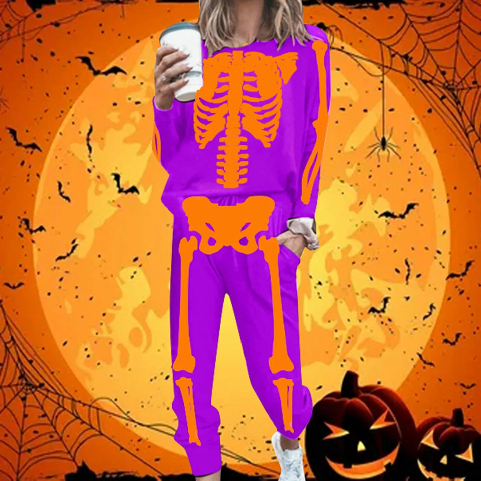 Women Tops Long Pants Suit Fashion Halloween Skeleton Print Long Sleeve T-Shirt Loose Sportswear Casual Two Piece Outfits Fall - www.sixcolors.us