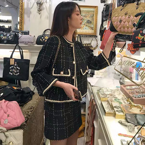 Women Fried Street Tweed Suit 2023 New Spring Autumn Wool Jacket + Skirt Female Fashion Loose Tweed Skirts Two-Piece Set