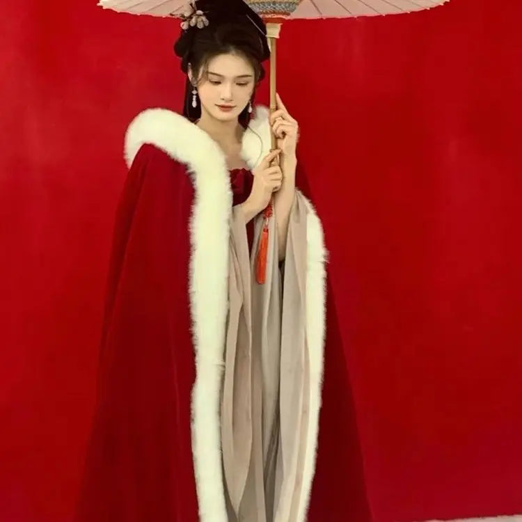 Long Cloak Hanfu Women's Antique Velvet Thickened Large Fur Collar Hooded Jacket Chinese Style Winter Cape E2624