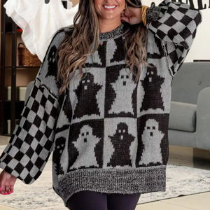 Plaid Pumpkin Ghost Pattern Sweater Spooky Pumpkin Ghost Plaid Sweater Oversized Crew Neck Halloween Knitwear Haunted Checkered - www.sixcolors.us