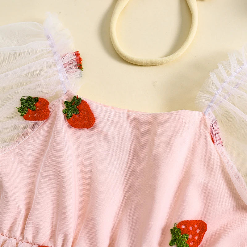 Kids Girl’s Outfit Puff Sleeve Embroidery Strawberry Tulle A-line Dress with Headband 2pcs Girls Clothes Set