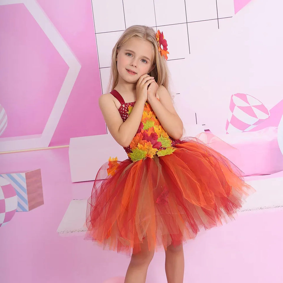 Autumn Fairy Girls Costume Tutu Dress Kids Halloween Tulle Dress Woodland Cosplay Princess Dress Children Festival Costume - www.sixcolors.us