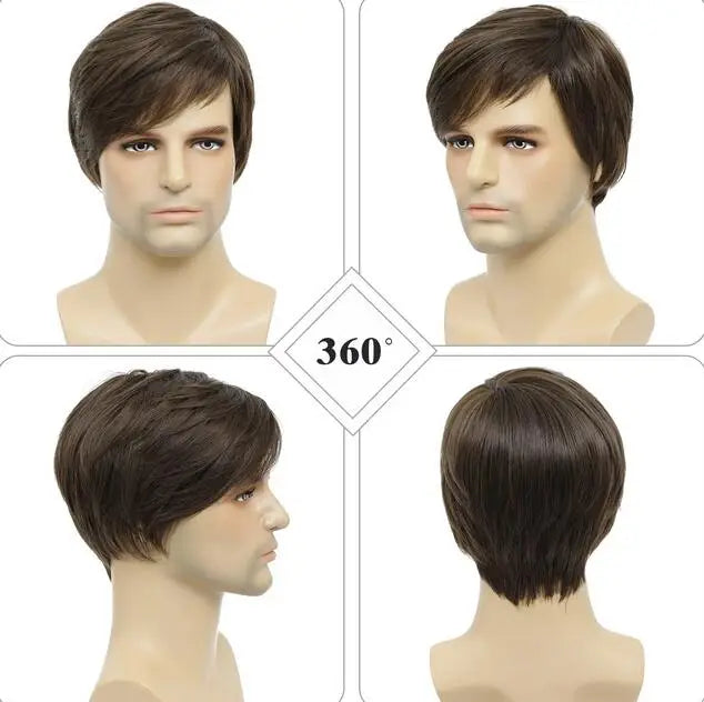 Mens Brown Wig Straight Short Mens Wig Realistic Natural Male Side Part Wigs for Halloween Men Man - www.sixcolors.us