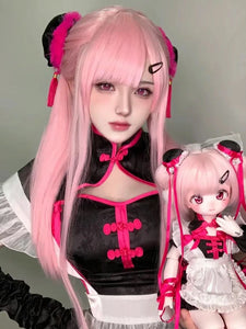 Pink Wig Women's Long Hair Air Bangs Long Straight Hair Lolita Natural round Face Halloween Cos Full-Head Wig Style - www.sixcolors.us