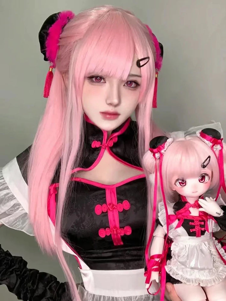 Pink Wig Women's Long Hair Air Bangs Long Straight Hair Lolita Natural round Face Halloween Cos Full-Head Wig Style - www.sixcolors.us