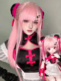Pink Wig Women's Long Hair Air Bangs Long Straight Hair Lolita Natural round Face Halloween Cos Full-Head Wig Style - www.sixcolors.us