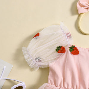 Kids Girl’s Outfit Puff Sleeve Embroidery Strawberry Tulle A-line Dress with Headband 2pcs Girls Clothes Set