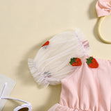 Kids Girl’s Outfit Puff Sleeve Embroidery Strawberry Tulle A-line Dress with Headband 2pcs Girls Clothes Set