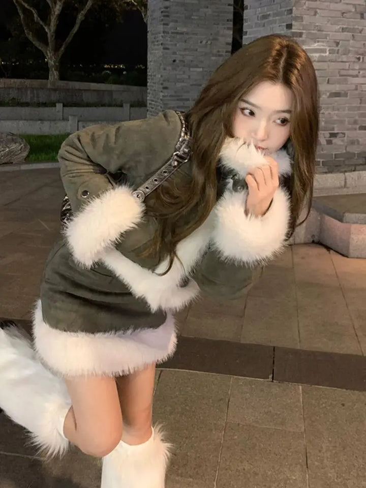 Korean Fashion Fur Patchwork Jacket Short Top Women's Autumn and Winter High Waisted Skirt Two-piece Set Female Clothing