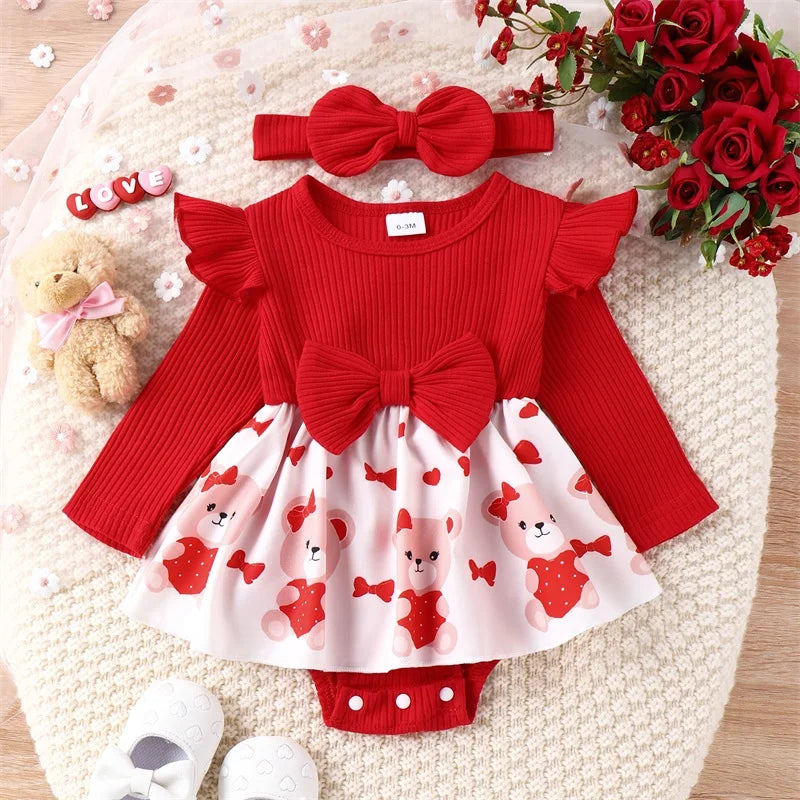 Baby Girl Valentine s Day Outfits Long Sleeve Bear Print Romper Dress with Headband Set Infant Clothes