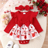 Baby Girl Valentine s Day Outfits Long Sleeve Bear Print Romper Dress with Headband Set Infant Clothes
