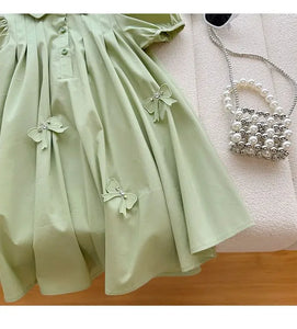 summer A-line baby girls dress princess short sleeve bow patch puff sleeve kids clothes Korean open back vestidos 4 to 16 years