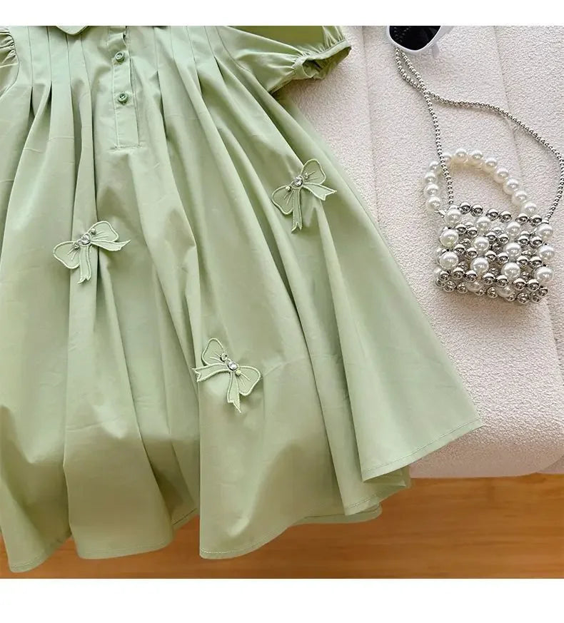 summer A-line baby girls dress princess short sleeve bow patch puff sleeve kids clothes Korean open back vestidos 4 to 16 years