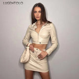 Women PU Two-piece Set 2024 Cropped Faux Leather Windproof Warm Jacket Sexy Mini Package Hip Skirt Fashion Club Party Wear