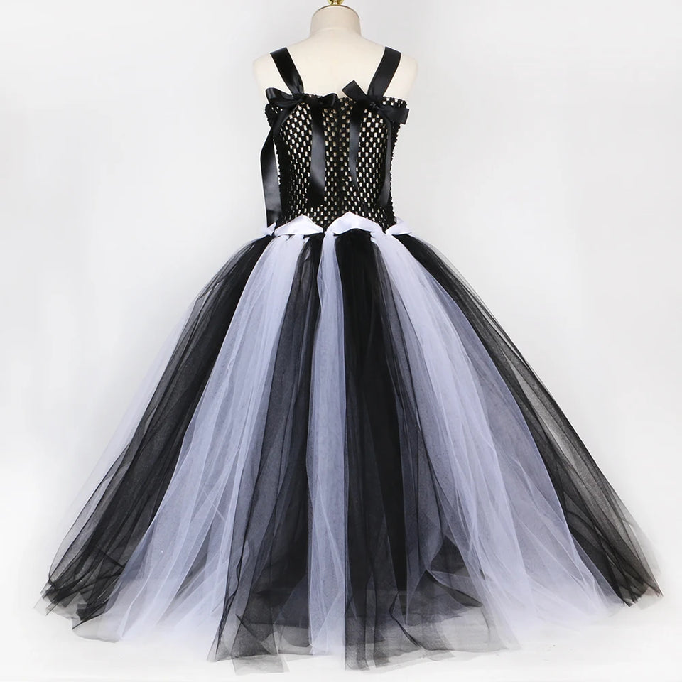 Halloween Skeleton Costume for Kids Girls Day of The Dead Carnival Dress Black White Scary Monster Devil Ghost Reaper Tutu Dress - www.sixcolors.us