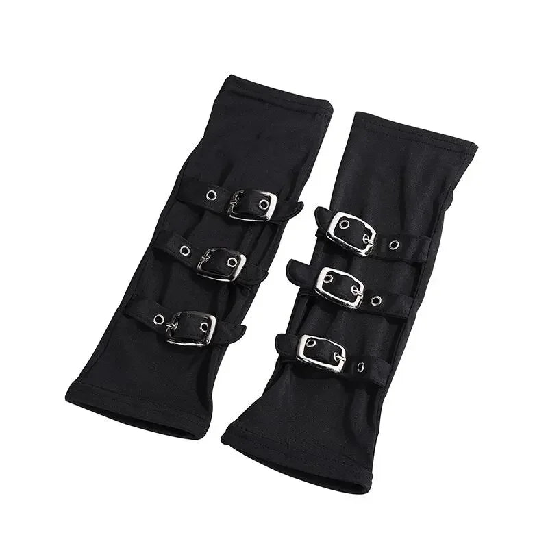 Dark Gothic Metal Buckle Half Open Finger Wristband Gloves Wrist Strap Arm Warmer Punk Cosplay Halloween Costume Accessories - www.sixcolors.us