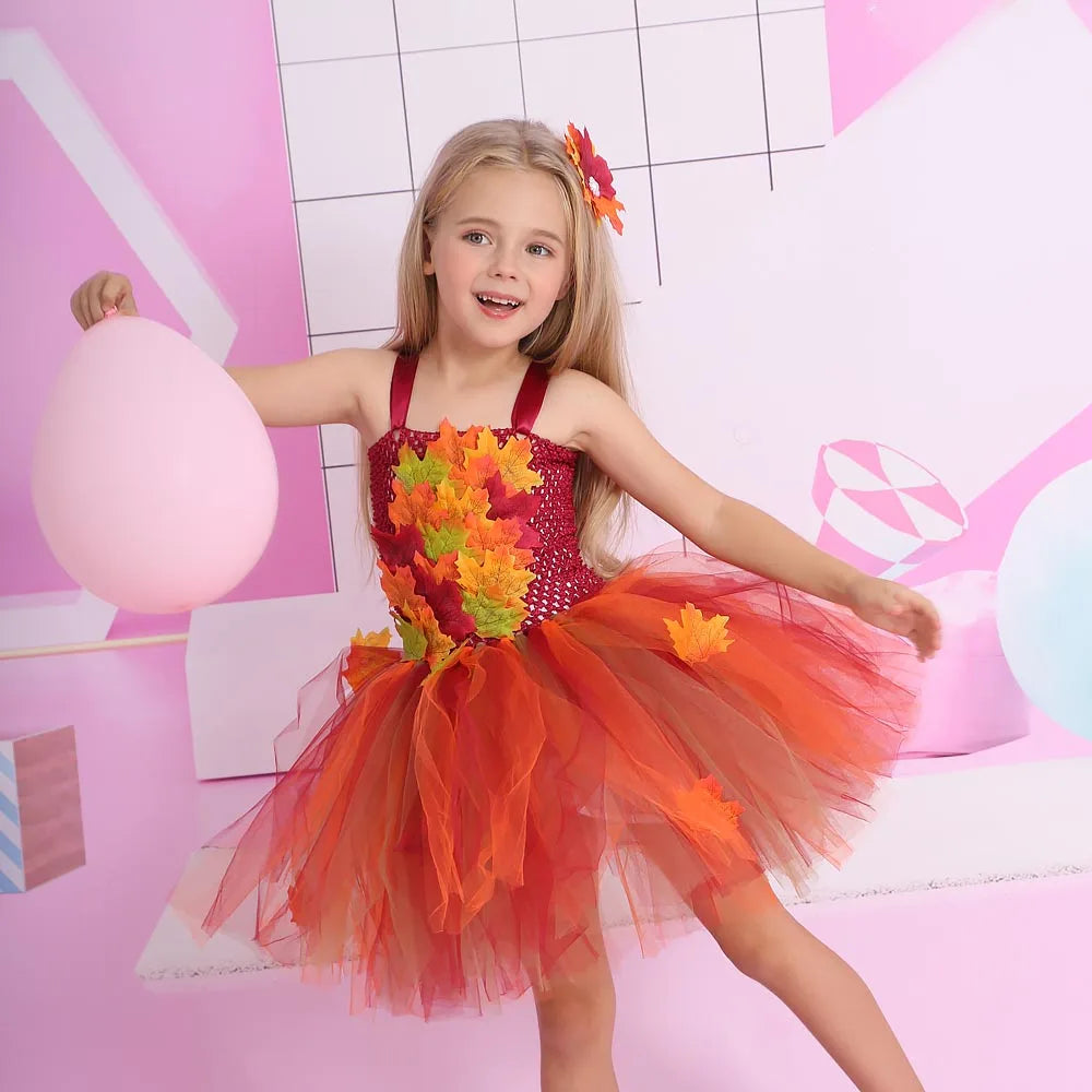 Autumn Fairy Girls Costume Tutu Dress Kids Halloween Tulle Dress Woodland Cosplay Princess Dress Children Festival Costume - www.sixcolors.us