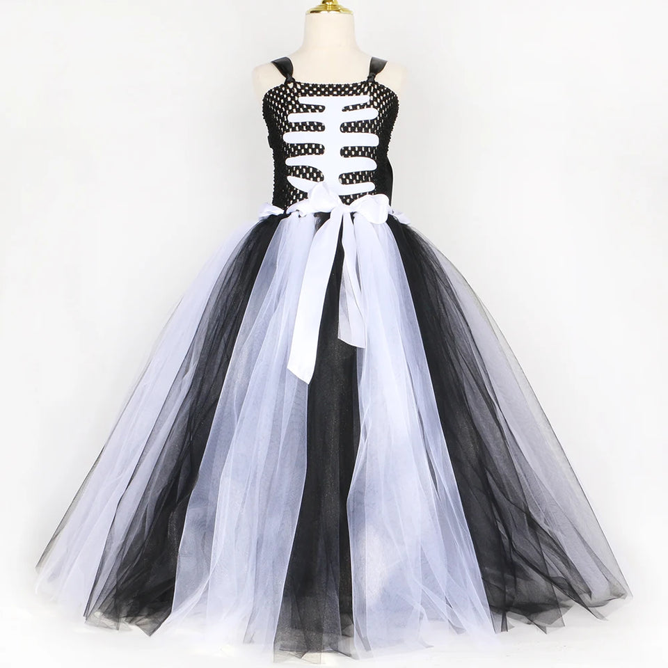Halloween Skeleton Costume for Kids Girls Day of The Dead Carnival Dress Black White Scary Monster Devil Ghost Reaper Tutu Dress - www.sixcolors.us