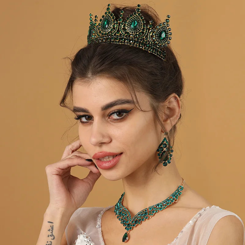 Baroque Queen Green Crown Crystal Tiaras and Crowns for Women Halloween Costume Hair Accessories - www.sixcolors.us