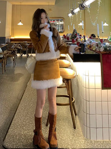 Korean Fashion Fur Patchwork Jacket Short Top Women's Autumn and Winter High Waisted Skirt Two-piece Set Female Clothing