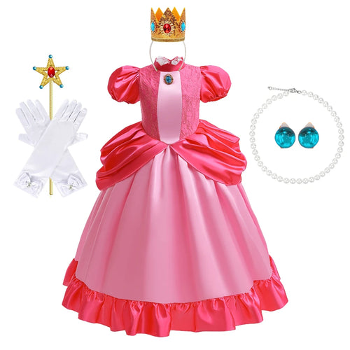 Girls Peach Princess Dress Halloween Cosplay Costume Children Cosplay Party Super Bros Plumber Clothes Birthday Party Outfits - www.sixcolors.us