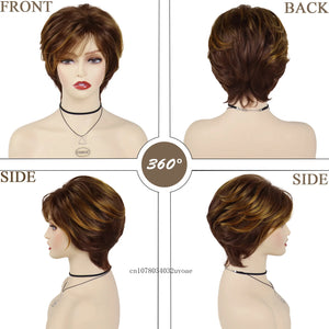 Synthetic Women's Short Pixie Cut Wig Mix Brown Hair Natural Ladies Wig with Bangs Daily Stylish Mommy Wig Cosplay Halloween - www.sixcolors.us