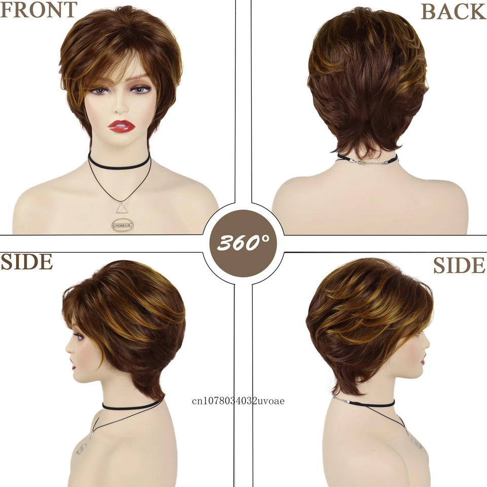 Synthetic Women's Short Pixie Cut Wig Mix Brown Hair Natural Ladies Wig with Bangs Daily Stylish Mommy Wig Cosplay Halloween - www.sixcolors.us