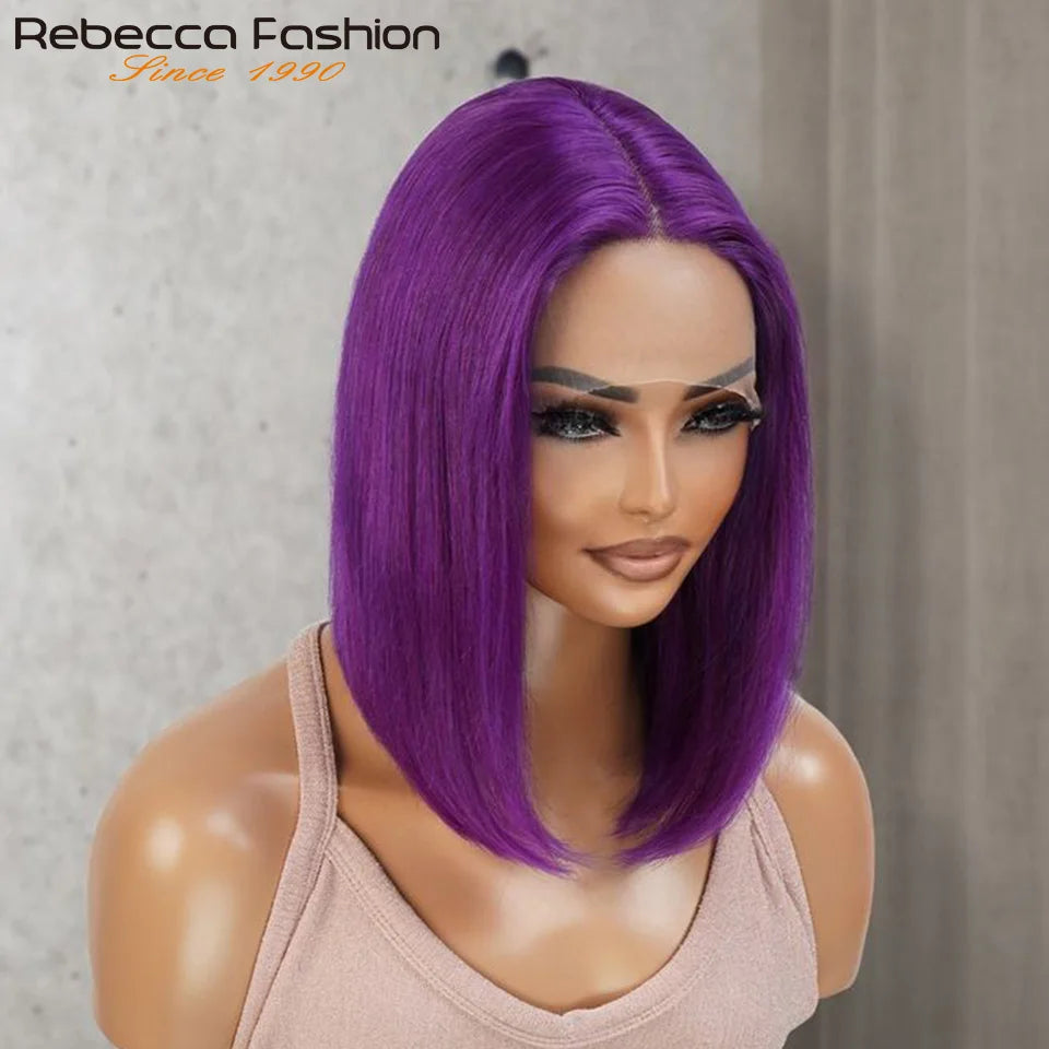Halloween Cosplay Purple Hair 13x5x1 Transparent Lace Front Human Hair Wigs 180 Density Short Straight Lace Bob Wigs Human Hair - www.sixcolors.us