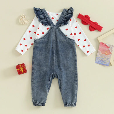 Baby Girl Valentine s Day Clothes Heart Print Long Sleeve Romper with Bear Embroidery Denim Overalls Pants Headband