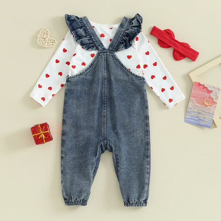 Baby Girl Valentine s Day Clothes Heart Print Long Sleeve Romper with Bear Embroidery Denim Overalls Pants Headband