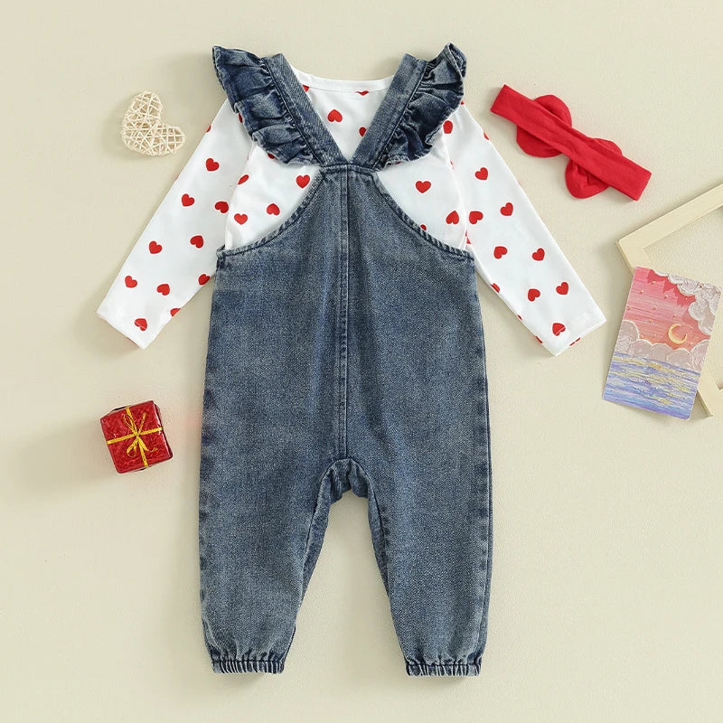 Baby Girl Valentine s Day Clothes Heart Print Long Sleeve Romper with Bear Embroidery Denim Overalls Pants Headband