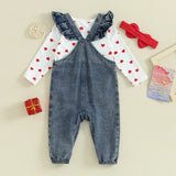 Baby Girl Valentine s Day Clothes Heart Print Long Sleeve Romper with Bear Embroidery Denim Overalls Pants Headband