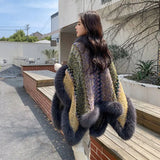 Vintage Fashion warm Faux Rex Rabbit Fur Cape Shawl Long Knit Poncho Coat Wraps Fur Pashmina Cloak Women Winter New Capes Q403